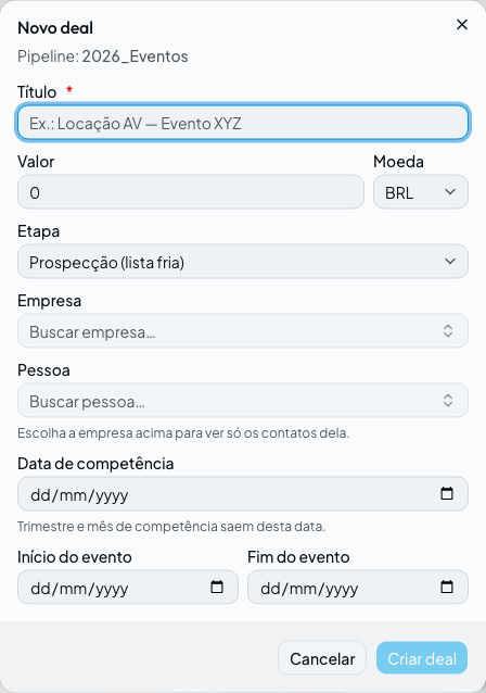 A tela de hoje: Empresa antes de Pessoa, a etapa com o nome (não o código) e o aviso de que o contato vem filtrado pela empresa.