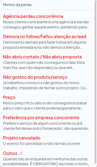 Os 8 motivos com o critério de cada um embaixo do nome, e 
